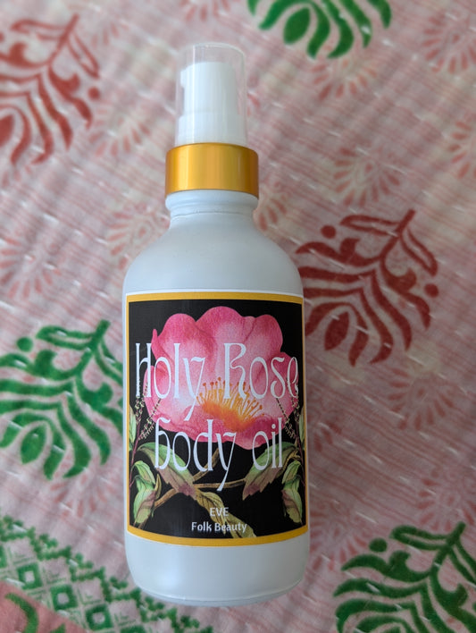 Handmade rose and Tulsi-infused summer body oil for soft, radiant skin.